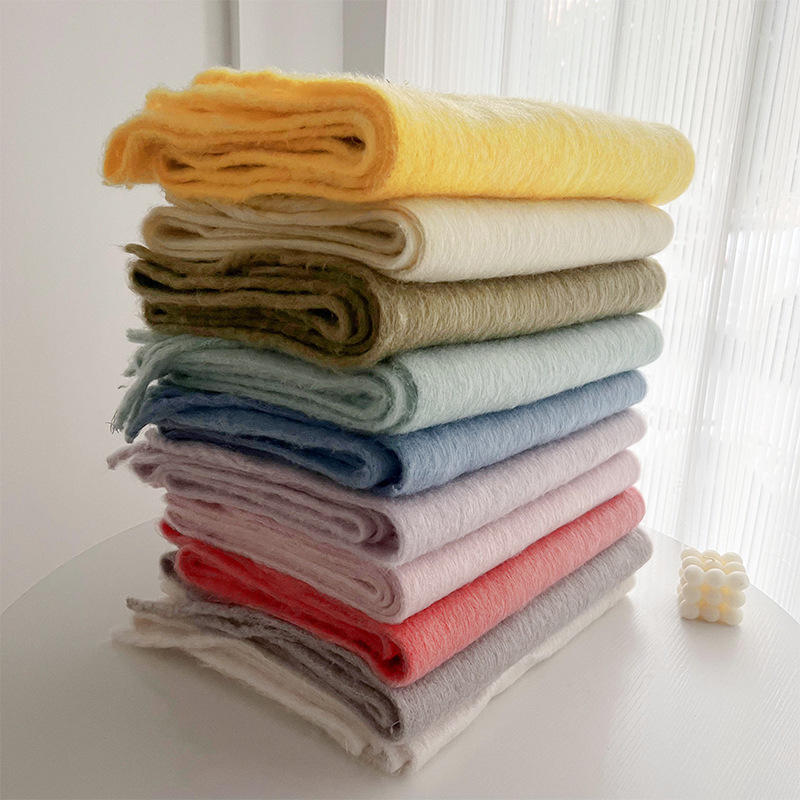 Solid color mohair with lazy style, soft fluffy solid color, big pull hair warm scarf for students and couples_voghion.com