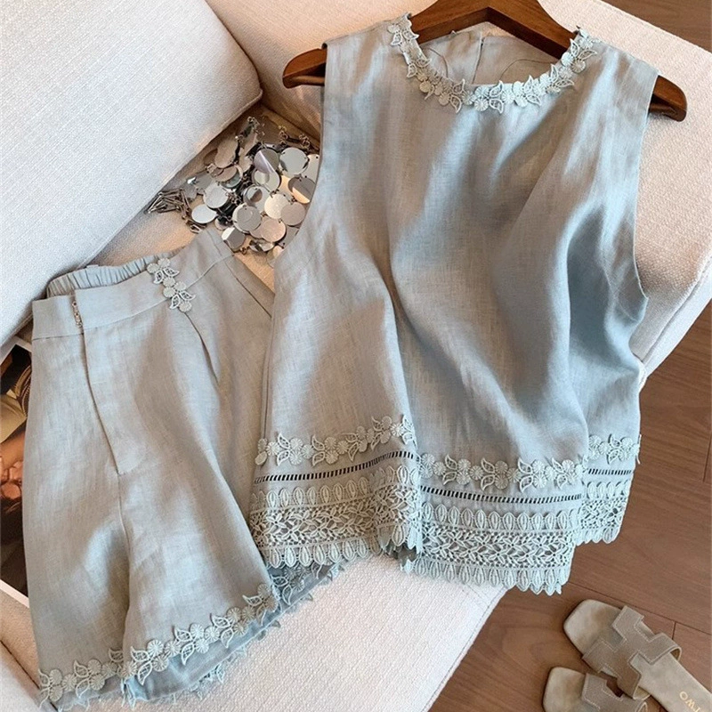 Синий стерео кружевной льняной костюм-двойка для женщин, летний полный комплект новой рубашки без рукавов в стиле шинуазри + шорты