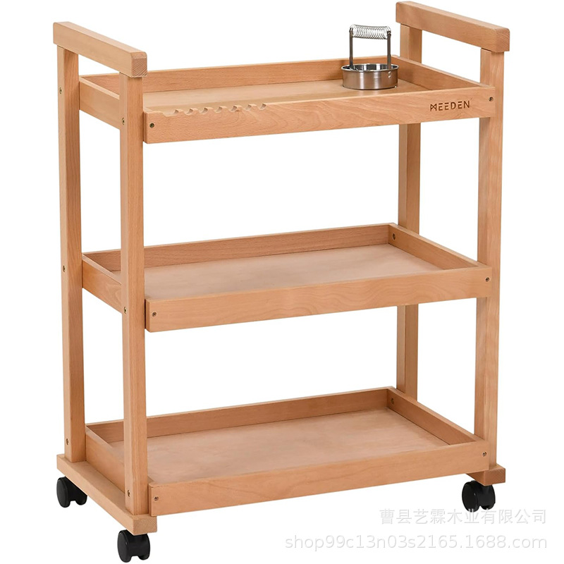 Three-tier solid wood cart with wheels, multifunctional household storage rack, storage cart with casters