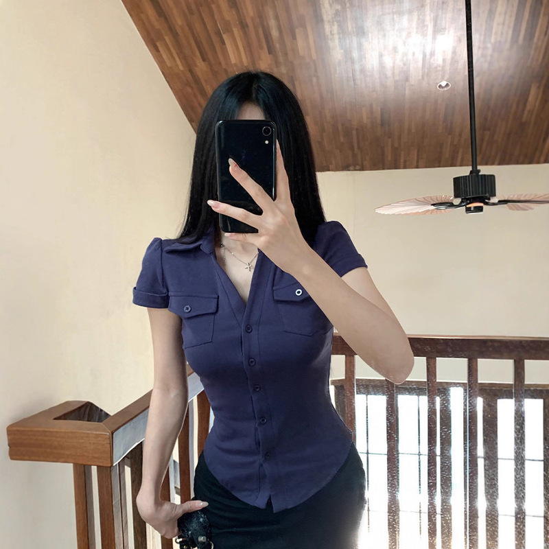 Korean Style Sexy Pure Color Slightly See-Through Waist Short-Sleeved Shirt for Women Spring & Fall Pinch Waist Slimming Look Sexy Thin Top