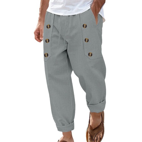 Best-selling cross-border independent station American casual Hawaiian beach men's casual multi-button cotton linen loose pants for men