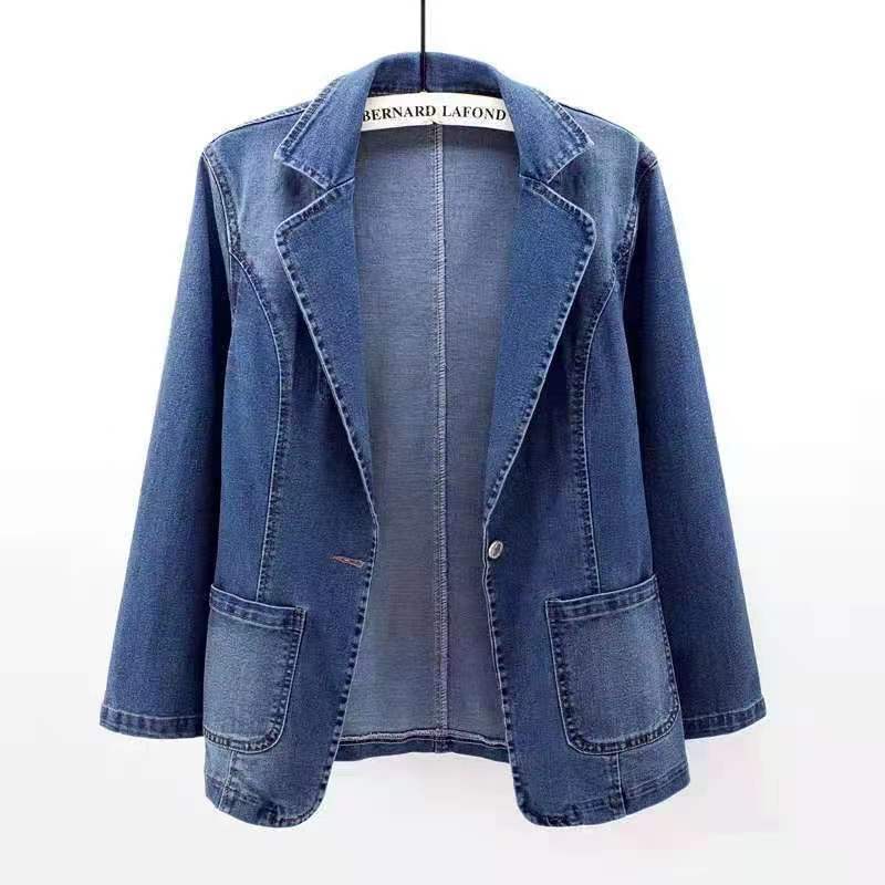 Women's Clothing Slim Fit Suit Collar Solid Color Cardigan Slim Fit Denim Blazer For Women - Single Button Open Front Jacket With Notch Lapel, Casual_mkmklike.com