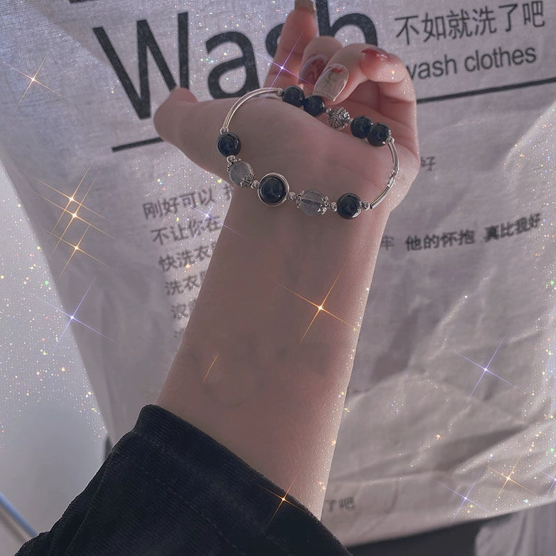 Brand silver bracelet for beloved with rhinestones for men and women, cat's eye, moonstone