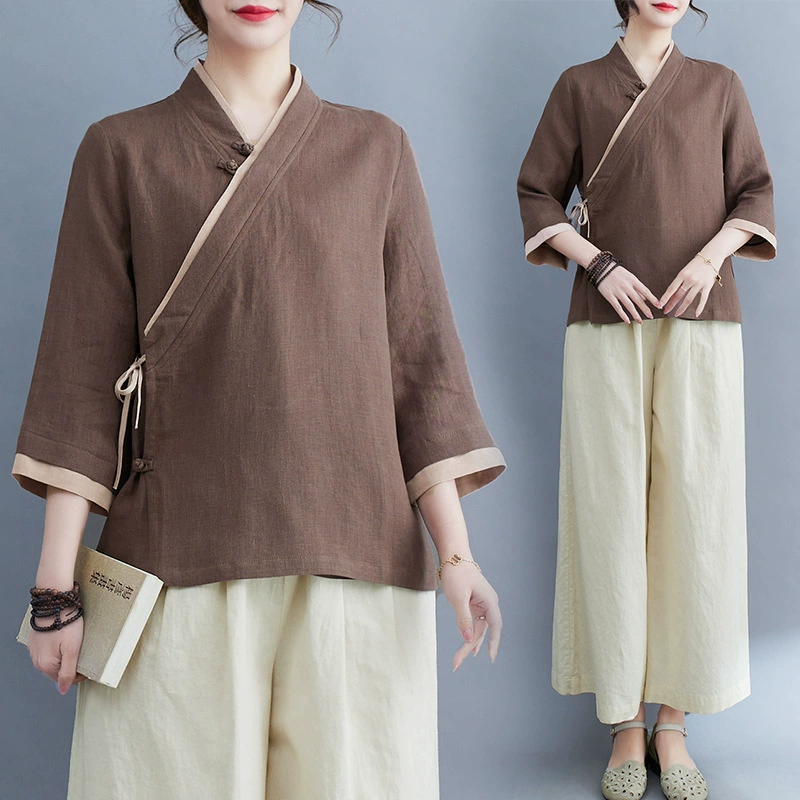 Весна и лето, новый стиль, ретро, этнический стиль, улучшенная литературная одежда в стиле дзен, чайная одежда, рукав три четверти, v-образный вырез, пряжка, топ на шнуровке для женщин