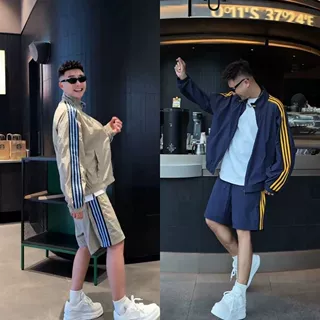 潮牌三条杠运动套装藏青撞色黄边男生夏季防晒休闲外套短裤两件套
