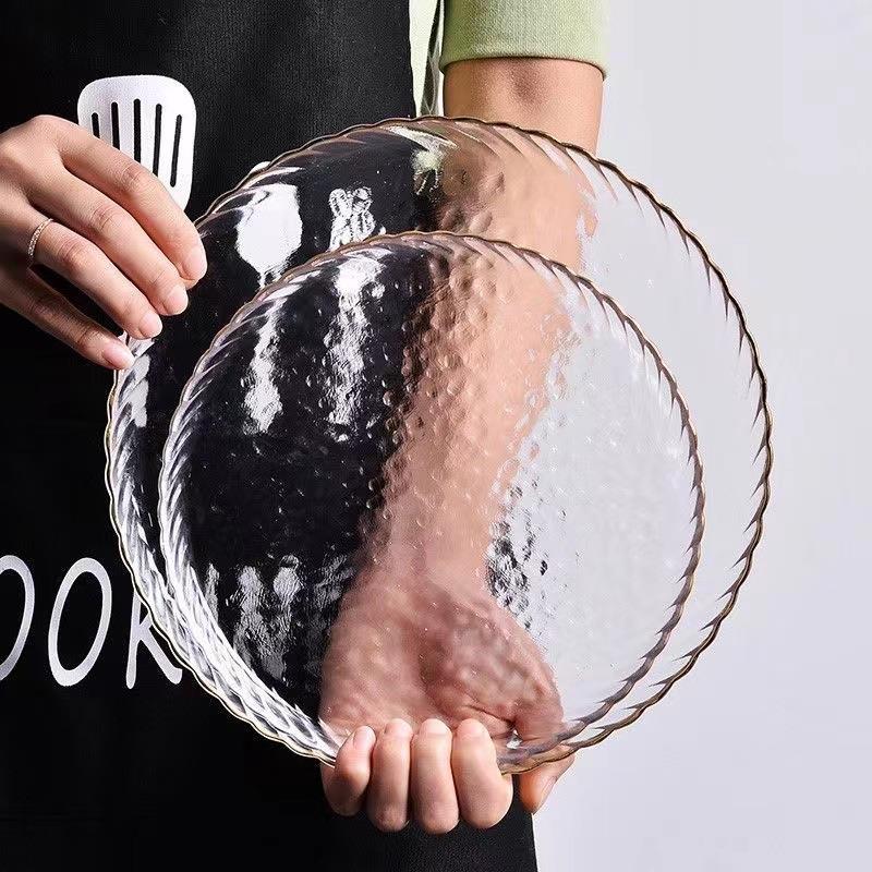 디저트 접시, 럭셔리 호텔, 서양식 접시, 투명 금테 망치무늬 유리, 애프터눈 티, 샐러드 접시, 유리 접시