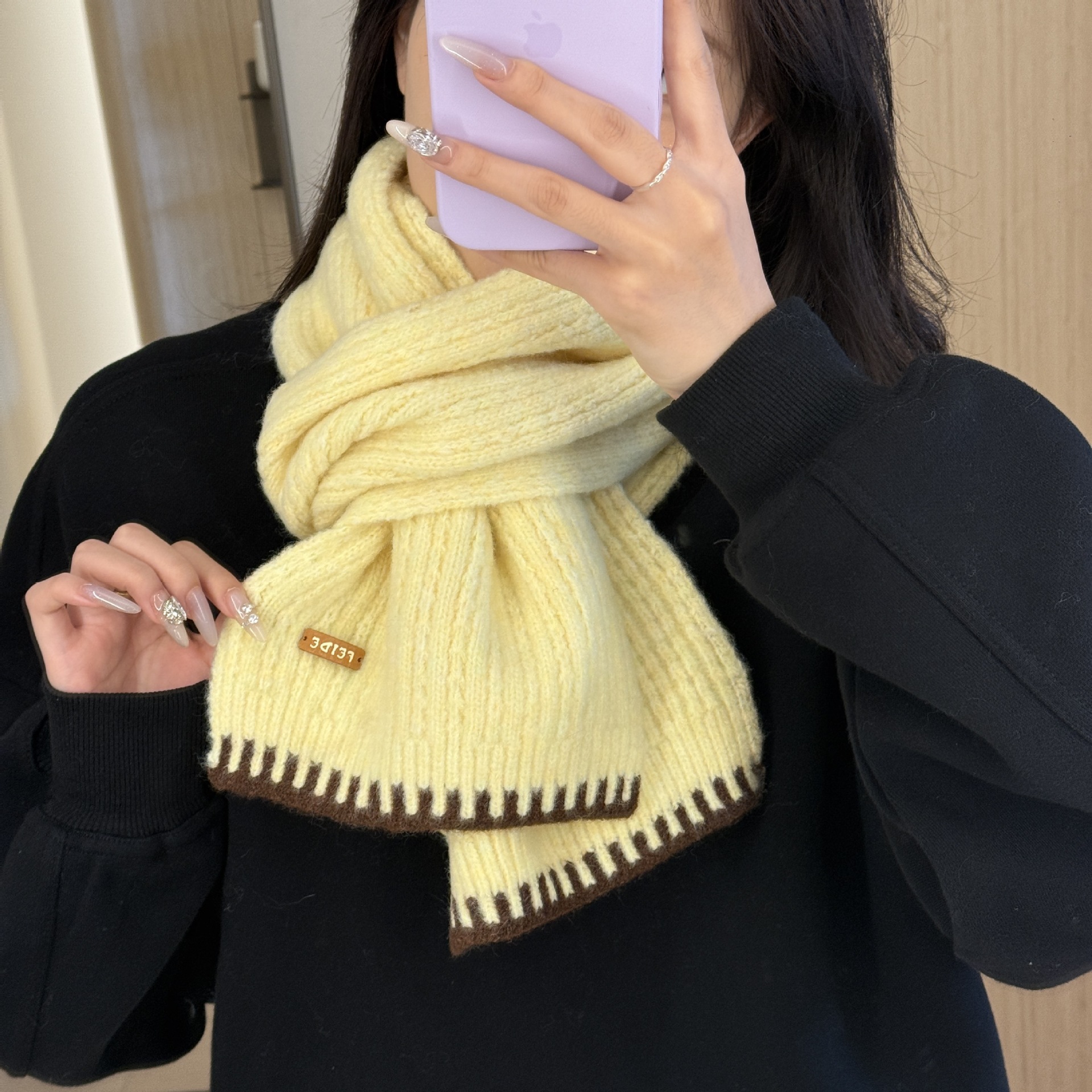 Elegant yellow knitted scarf for women, autumn and winter, warm and cozy, thickened for students, cold-proof neck protection, woolen neck warmer