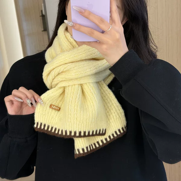 Elegant yellow knitted scarf for women, autumn and winter, warm and cozy, thickened for students, cold-proof neck protection, woolen neck warmer
