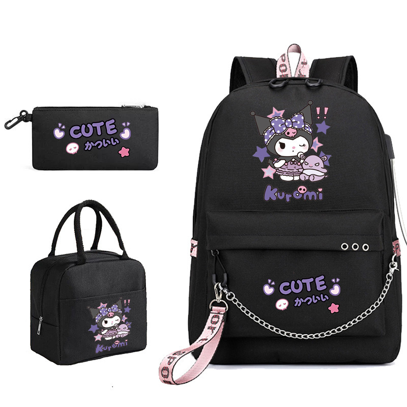 Cross-Border Kuromi Backpack Korean Style Student Girl Large Capacity USB Computer Bag Three-Piece Lunch Bag Cross-Border Kuromi Backpack Korean Style Student Girl Large Capacity USB Computer Bag Three-Piece Lunch Bag