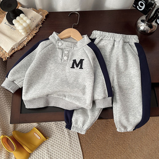 2025 Autumn Children's Clothing Boys and Girls Color Block Letter Sweatshirt Pants Two-Piece Children's Sports Suit