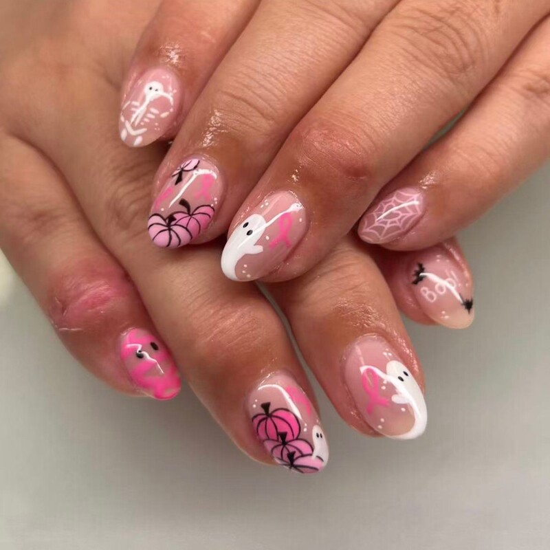 New Halloween pink spider web press-on nails, sweet and cool style, black and pink spider hand-painted long nails, detachable for Halloween New Halloween pink spider web press-on nails, sweet and cool style, black and pink spider hand-painted long nails, detachable for Halloween