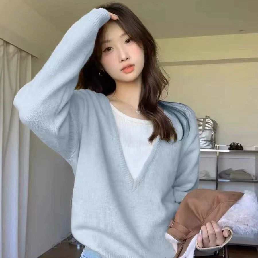 Трансграничный кашемир свободный ленивый поддельный два свитера женский осенний и зимний толстый нижний свитер мягкий клейкий топ высокого уровня