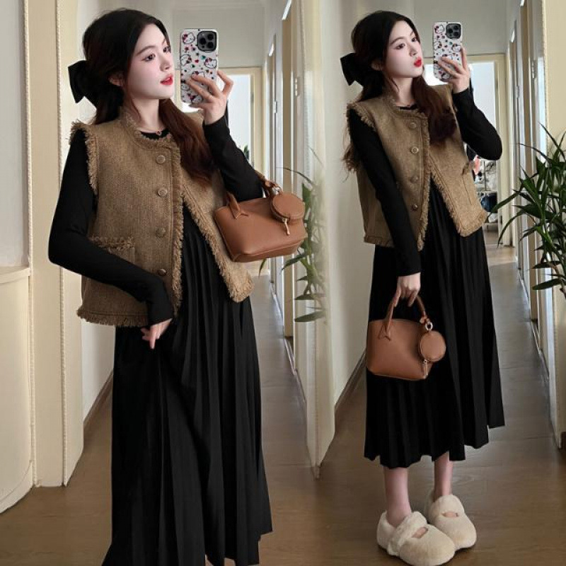 2025 신상품 한국산 임부복 가을 겨울 패션 기질 슬림 스몰 향수 스타일 조끼 + 원피스 세트