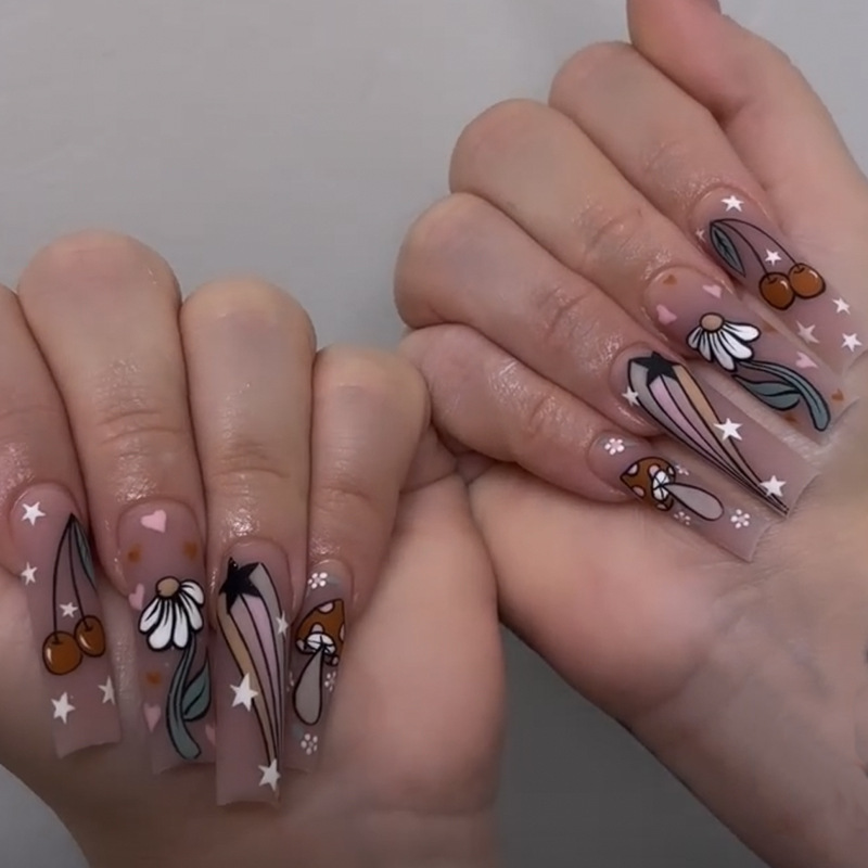 Simple Long Tubing Ballet Daisy Cherry French Nail Piece Wearable Fake Nail Finished for Sustainable Use