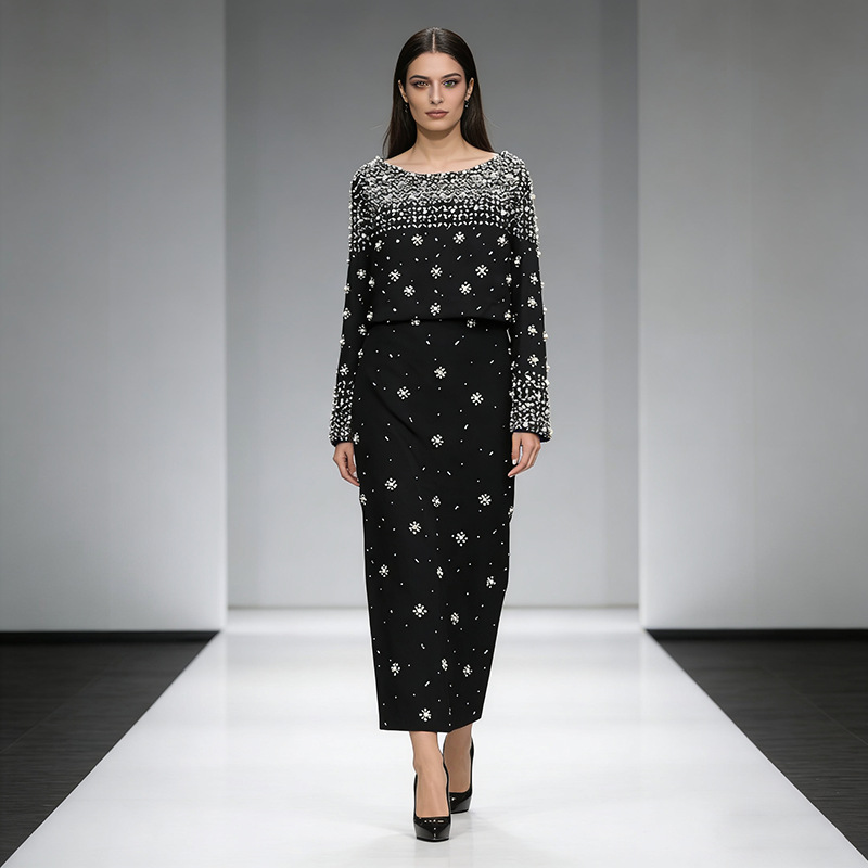 2026 New Fashion European and American Style Rhinestone Long-Sleeve Round-Neck Women's Suit Elegant and Sophisticated Set