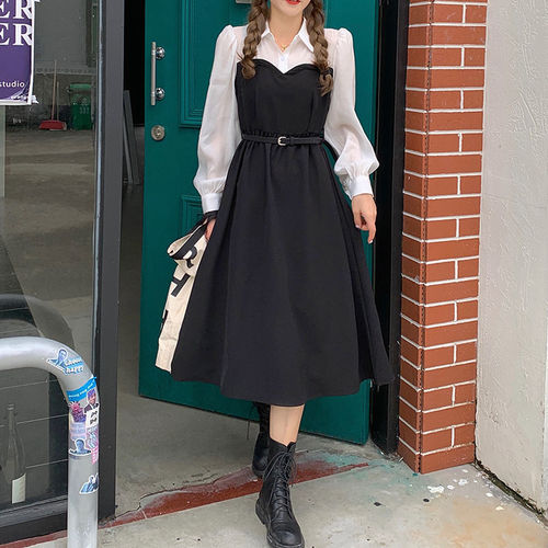 Spring clothes 2026 new style temperament slimming stitching fake two-piece POLO collar bubble sleeve shirt dress A-line skirt for women