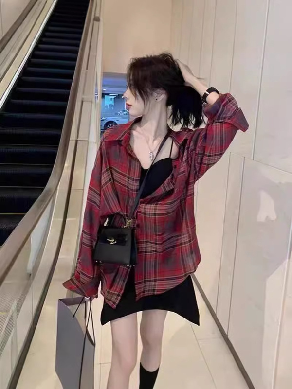 港风复古格子衬衫外套女早秋薄款休闲宽松长袖防晒衬衫设计感|undefined