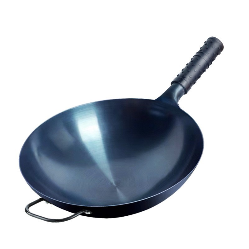 Wok de hierro fundido Zhangqiu para cocinar, sin recubrimiento antiadherente, hecho a mano estilo antiguo, integrado para cocina occidental, con mango de madera, para uso doméstico, venta al por mayor