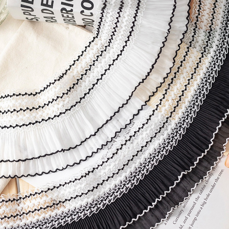 批发黑白相间弹力压褶蕾丝花边头纱裙摆服装辅料DIY褶皱雪纺双层