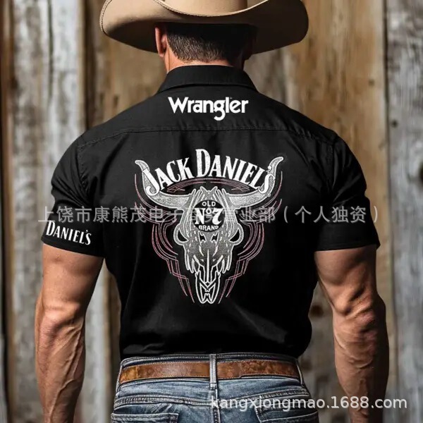 Men's Yellowstone Guitar Bullhead Rock Country Music Western Cowboy Print Outdoor Short Sleeve Black Denim Shirt