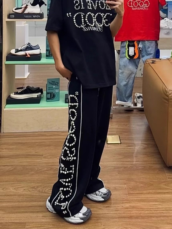 跨境休闲裤套装卫裤高品钉珠GOOD珍珠休闲运动直筒舒适顶配版长裤|undefined