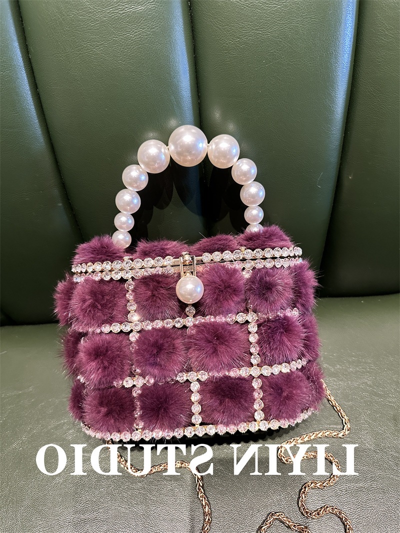 Cross-Border Metal Pearl Mink Faux Fur Bucket Bag, Sparkling Rhinestone Birdcage Handbag And Crossbody Bag For Banquets - Thumbnail 5