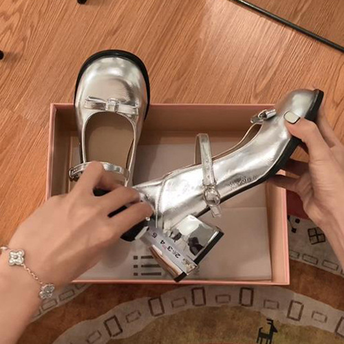 Gentle ins silver French thick heel Mary Jane shoes for women 2024 new summer shallow mouth with skirt round toe shoes
