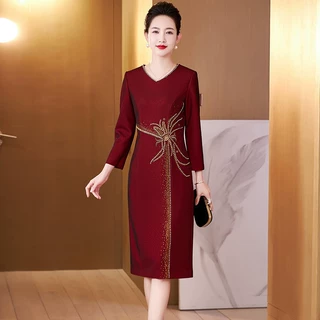 高端喜婆婆婚宴连衣裙新年春秋新款结婚礼服重工钉珠年轻妈妈装