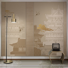 现代中式意境线描拼色阁楼电视沙发背景墙纸壁布客厅茶室壁画