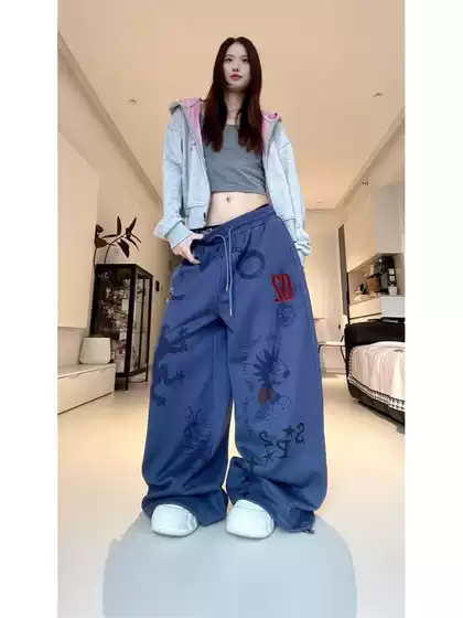 Washed Blue Cartoon Wide-Leg Pants for Women 2025 Fall Winter Vintage High Waist Slimming Straight Leg Casual Pants