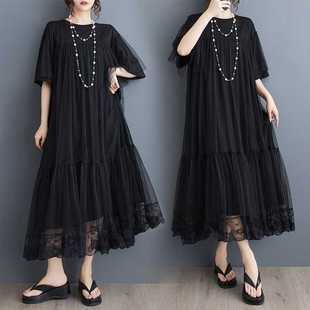 2024 Summer New Korean Style plus size Loose Mesh Stitching Mid-length Fashionable Slim dress