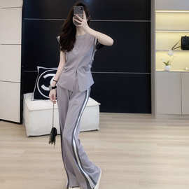 炸街休闲时尚套装女收腰设计感洋气上衣阔腿裤长裤欧洲展两件套