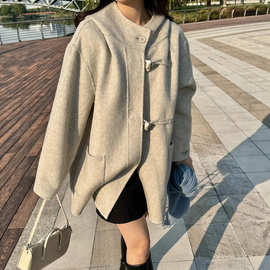 韩国chic冬季呢子外套女法式复古学院风牛角连帽简约显瘦毛呢大衣