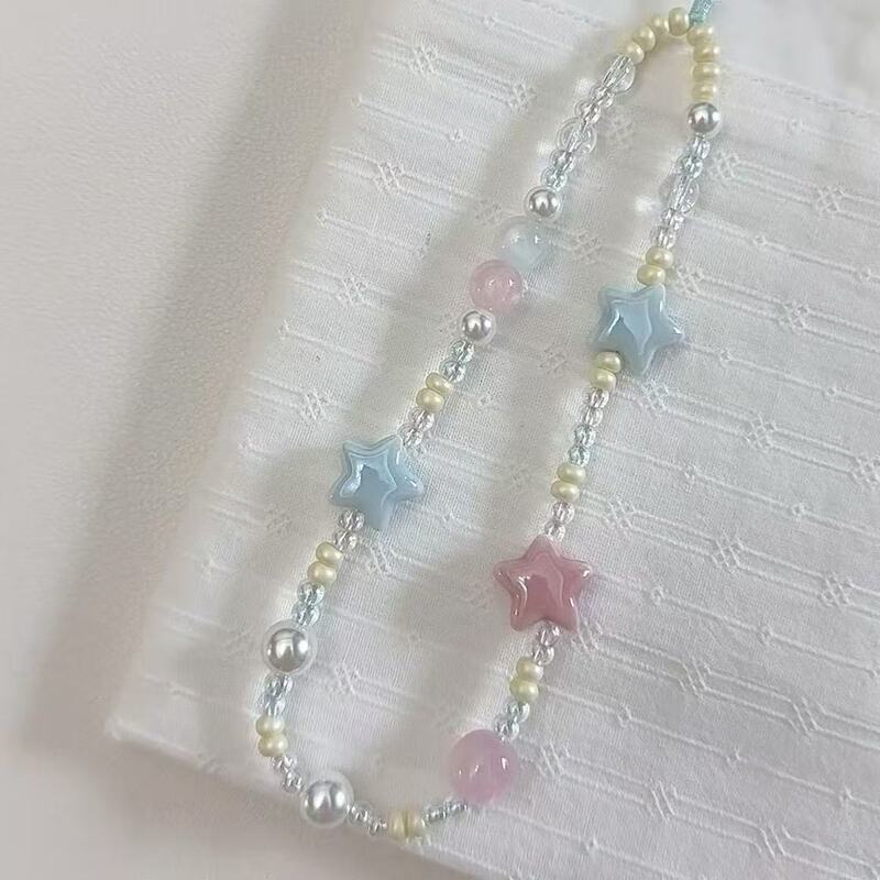 Cute pendant similar to the one on Xiaohongshu, blue and pink star CCD camera lanyard, DIY phone chain with beads