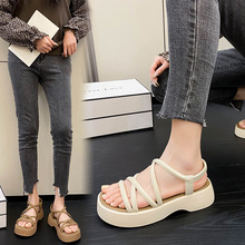 厚底松糕凉鞋女2025年夏季新款韩版小个子交叉细带高跟罗马鞋