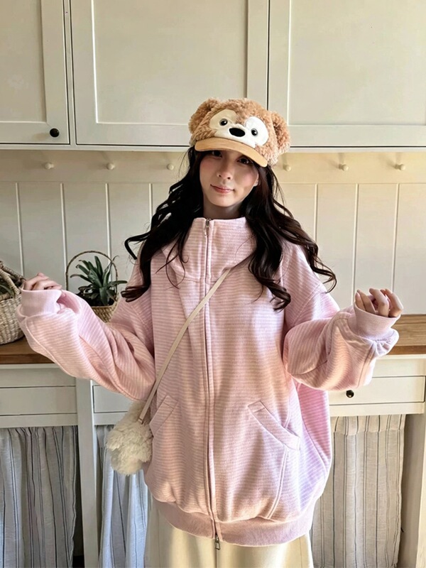 Shipped # Thin style # Original fabric + pressed stitching [Guangzhou cashmere blend with milk silk] women's pink hooded sweatshirt