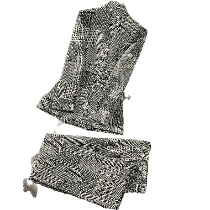 Completo elegante con blazer senza colletto per donna - Abbigliamento professionale da ufficio, completo invernale alla moda con cintura (a righe/quadri, grigio)_voghion.com