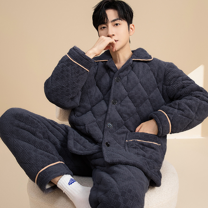 【伴美人】冬季睡衣男士三层夹棉袄中老年珊瑚绒保暖套装加厚冬家