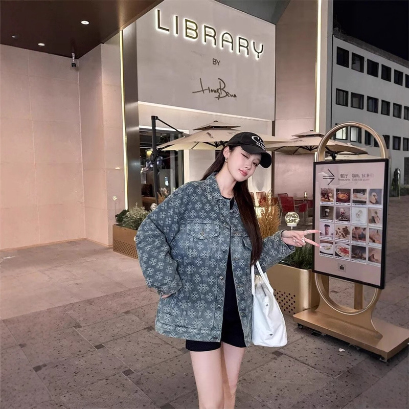 Trendy Men's New Jacquard Rhinestone Denim Jacket Retro Design Loose Casual Versatile Heavy-Duty Jacket for Women