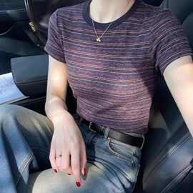 复古风撞色条纹设计感修身短袖T恤女2026新款夏季韩系纯棉上衣潮