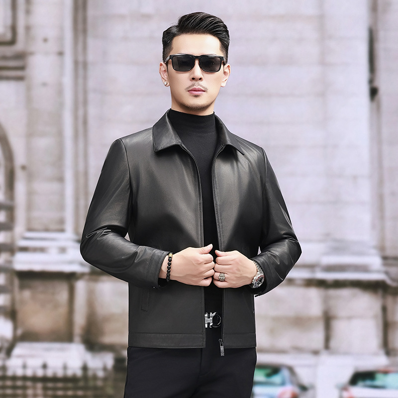 海宁真皮皮衣男士胎牛皮短款翻领大码皮夹克秋冬羽绒服机车皮外套