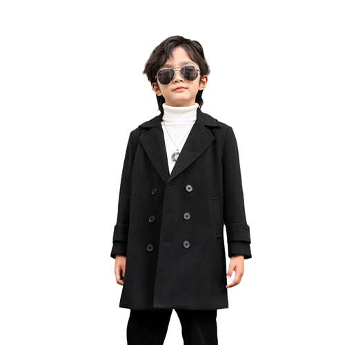 Double-breasted winter coat for boys, stylish plush woolen overcoat, thick children's reversible collar, mid-length woolen jacket