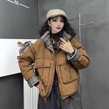 立领棉衣 2025冬季新款 时尚气质格子拼接大口袋棉服外套女25124