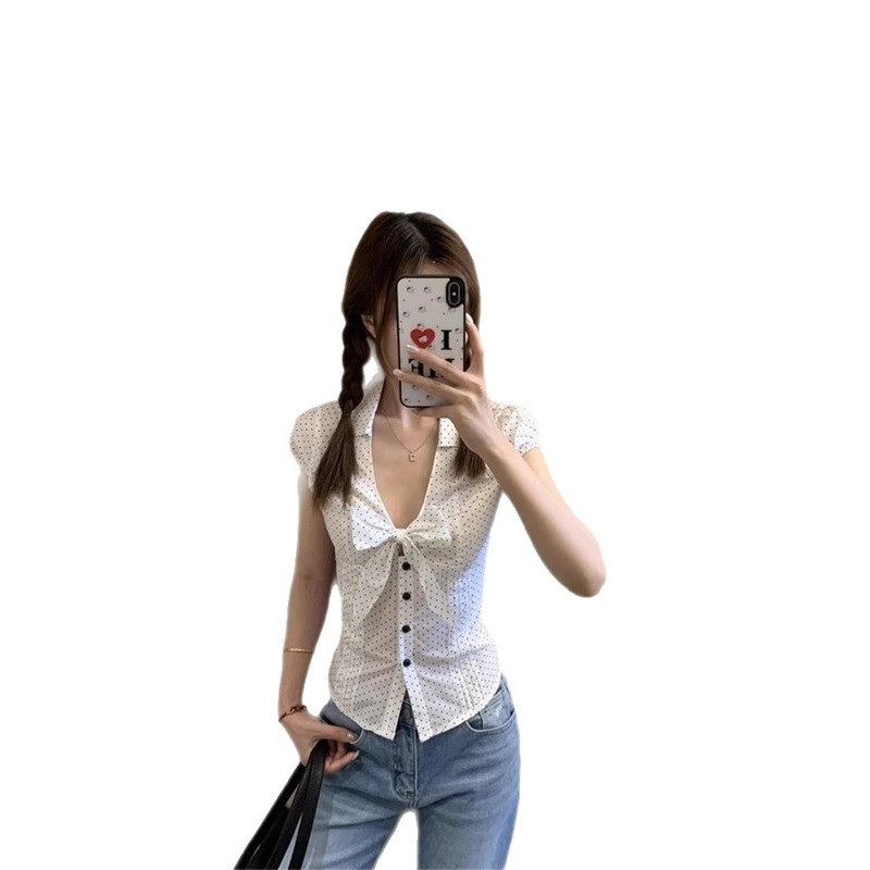 甜辣风白色波点短袖衬衫女装夏季辣妹修身收腰短款V领蝴蝶结上衣|undefined