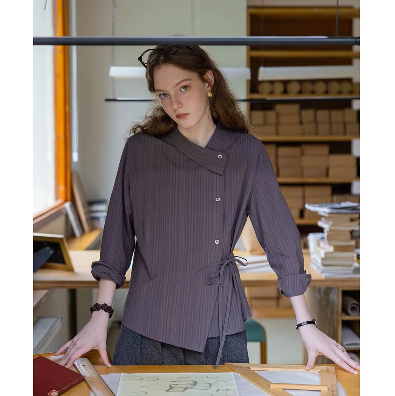 “Smoky Gray” color-woven dark pattern textured asymmetrical collar, diagonal placket, waist-cinching, tie-waist, long-sleeve shirt top “Smoky Gray” color-woven dark pattern textured asymmetrical collar, diagonal placket, waist-cinching, tie-waist, long-sleeve shirt top