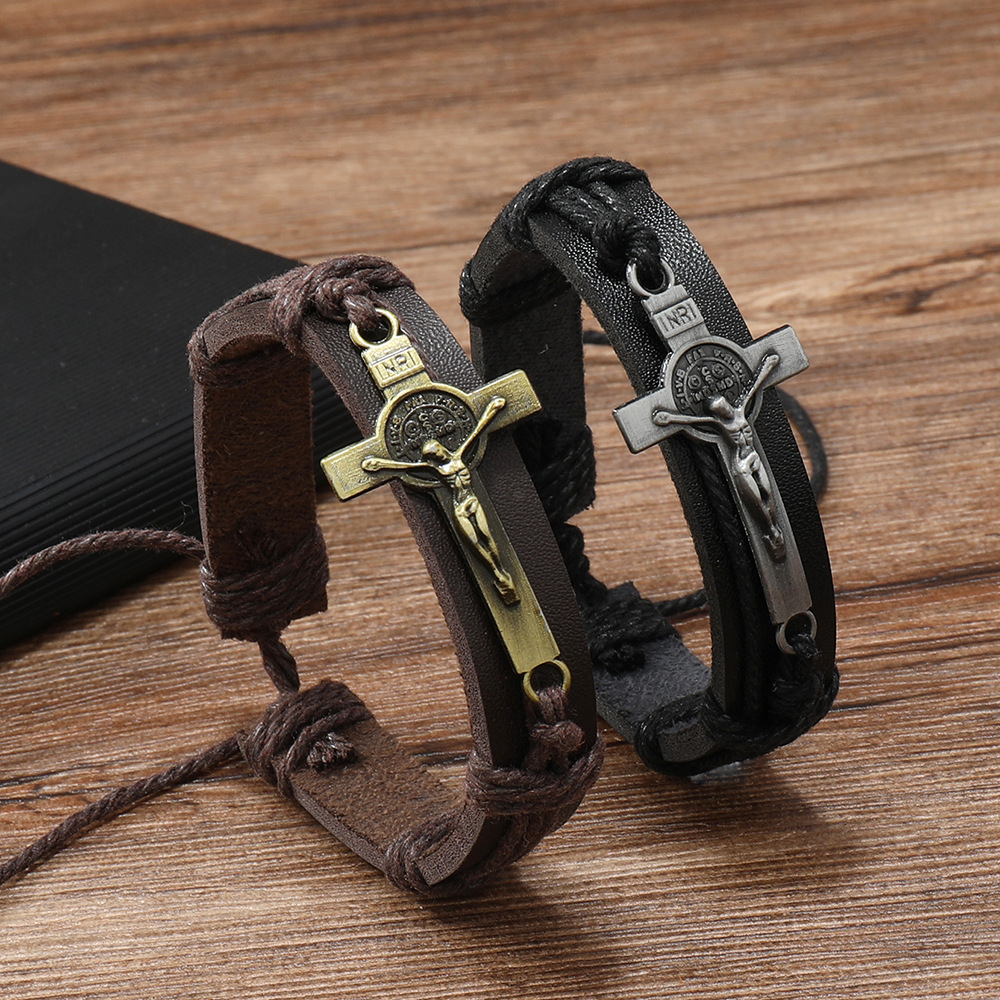 Knitting Design Retro Cross Pu Leather Alloy Knitting Men's Bangle Men Cord & Leather Bracelets