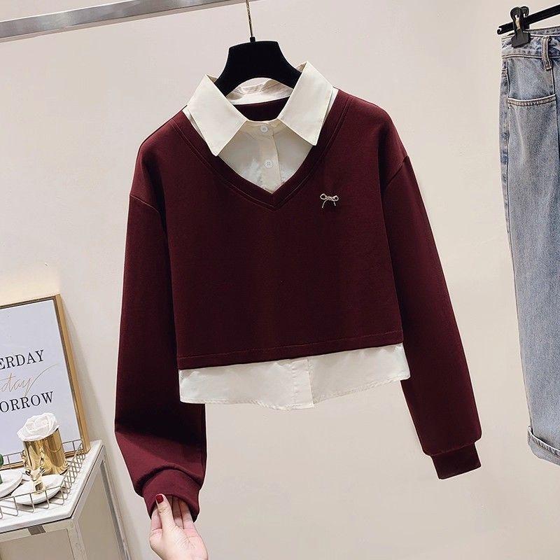 初高中学生假两件卫衣女春秋2025新款学院风少女POLO领套头上衣服|undefined
