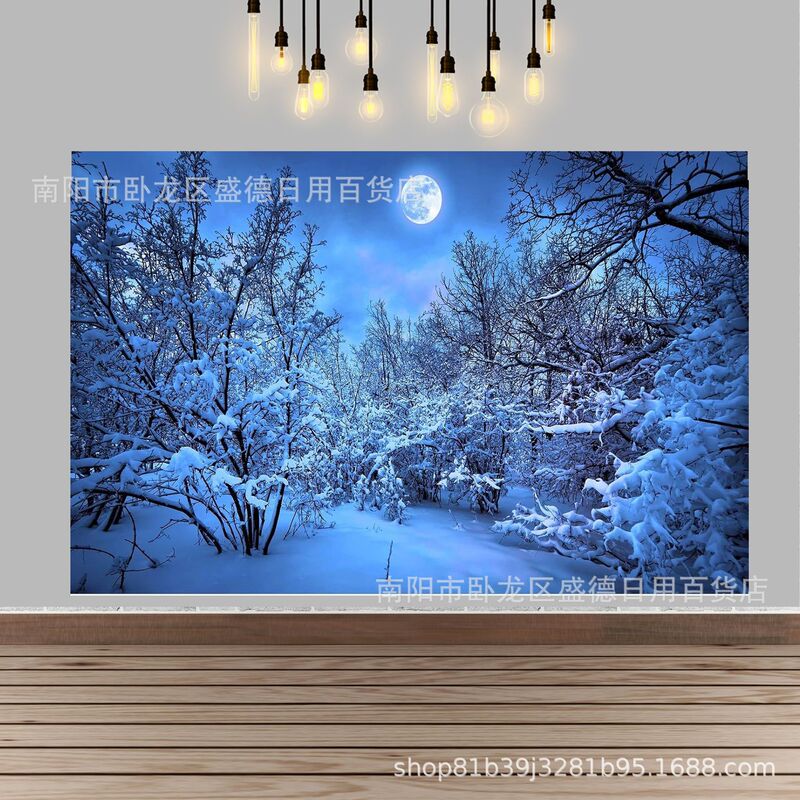 Winter Snow Forest Night Scene Photo Photography Background Cloth Holiday Christmas Atmosphere Layout Decorative Banner Hanging Cloth