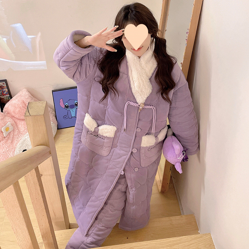 가을과 겨울용 여성용 나이트가운, 산호 플리스 3겹 퀼팅 재킷, 두껍고 벨벳, 겨울 스타일, 밖에서 입을 수 있음, 긴 파자마, 홈 웨어