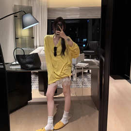 实拍~网红早秋显白黄色上衣大版宽松弛感慵懒v领长袖罩衫t恤女潮